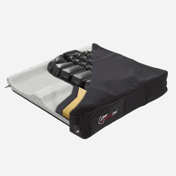 The HYBRID ELITE Dual Compartment cushion combines the unique properties of ROHO air cells with the supportive features of foam. With two independent, adjustable air compartments within the pelvic area, set the inflation levels to the shape and ideal position. Contoured foam channels provide positioning and stability.