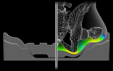 Immersion graphic of the AXIOM SPV Wheelchair Cushion - Viscoelastic foam cushion with a waterfall edge design, intended for pressure relief and skin protection for wheelchair users.