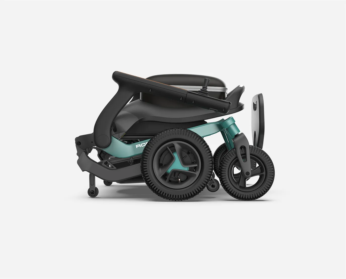 Folded image of the Robooter Power Wheelchair - Compact, maneuverable electric wheelchair designed for indoor and outdoor use, featuring a unique swiveling base for easy navigation in tight spaces.