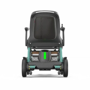 Front view of the Robooter E60 All-Terrain Electric Wheelchair - Versatile, foldable power wheelchair with large omni-directional wheels for navigating various terrains, featuring adjustable seating and customizable options.