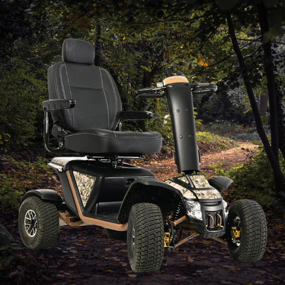 Front right view of the woodlands Baja Wrangler 2 Off-Road Wheelchair - All-terrain, manual wheelchair with knobby tires and durable frame, designed for outdoor adventures and navigating rough terrain.