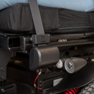 Close up image of the LapStacker XD Wheelchair Table for Quickie Wheelchairs - Portable, adjustable wheelchair table that attaches securely to the backrest of a Quickie wheelchair, providing a stable work surface.