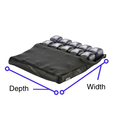 Depth and Width Image of the ROHO MOSAIC Cushion - Inflatable, air-segmented wheelchair cushion designed for pressure redistribution and skin protection.