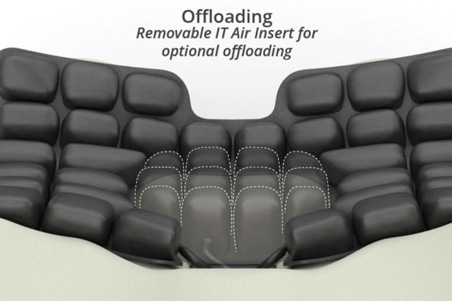 Infographic of the ROHO® Hybrid Select Wheelchair Cushion - Combines air cells and contoured foam for pressure redistribution and personalized comfort, featuring removable air insert for offloading.