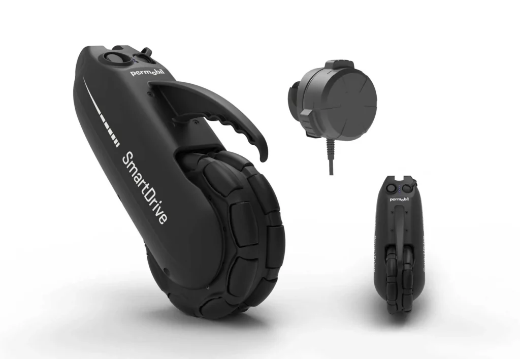 Image of the SmartDrive MX2+ Power Wheelchair Pusher - Lightweight, portable power assist device for manual wheelchairs, providing customizable speed and power support.