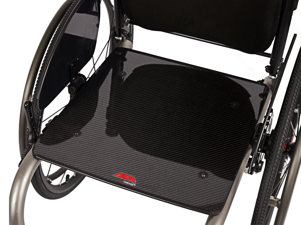 Top view of the ADI Carbon Fiber Seat Base on wheelchair - Ultra-lightweight and rigid wheelchair seat base, constructed from high-strength carbon fiber for increased stability and support.