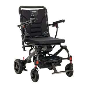 Image of the Jazzy Carbon Wheelchair - Lightweight, folding electric wheelchair designed for indoor and outdoor use, featuring a carbon fiber frame for improved maneuverability and portability.