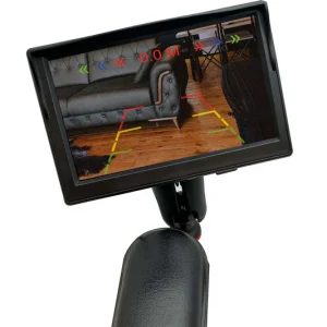 Image of the screen on the AWARE Rear-View Camera System - Safety device for power wheelchairs and scooters, featuring a wide-angle camera, radar, and display to enhance visibility and prevent collisions.