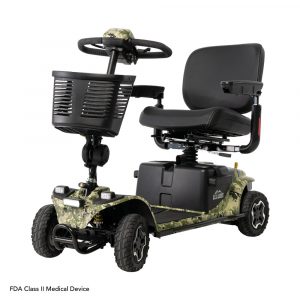 Front left image of the camo Baja® Bandit All-Terrain Electric Scooter - Powerful electric scooter with high ground clearance for navigating rough terrain, grass, and dirt paths.