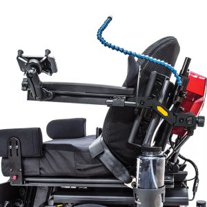 Side view of the Quantum Hydration System - Integrated wheelchair hydration system with water reservoir, tubing, and sip spout, designed for easy access and hydration on the go.