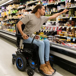 Image of a man using his LapStacker XD Wheelchair Table for Quickie Wheelchairs while shopping - Portable, adjustable wheelchair table that attaches securely to the backrest of a Quickie wheelchair, providing a stable work surface.