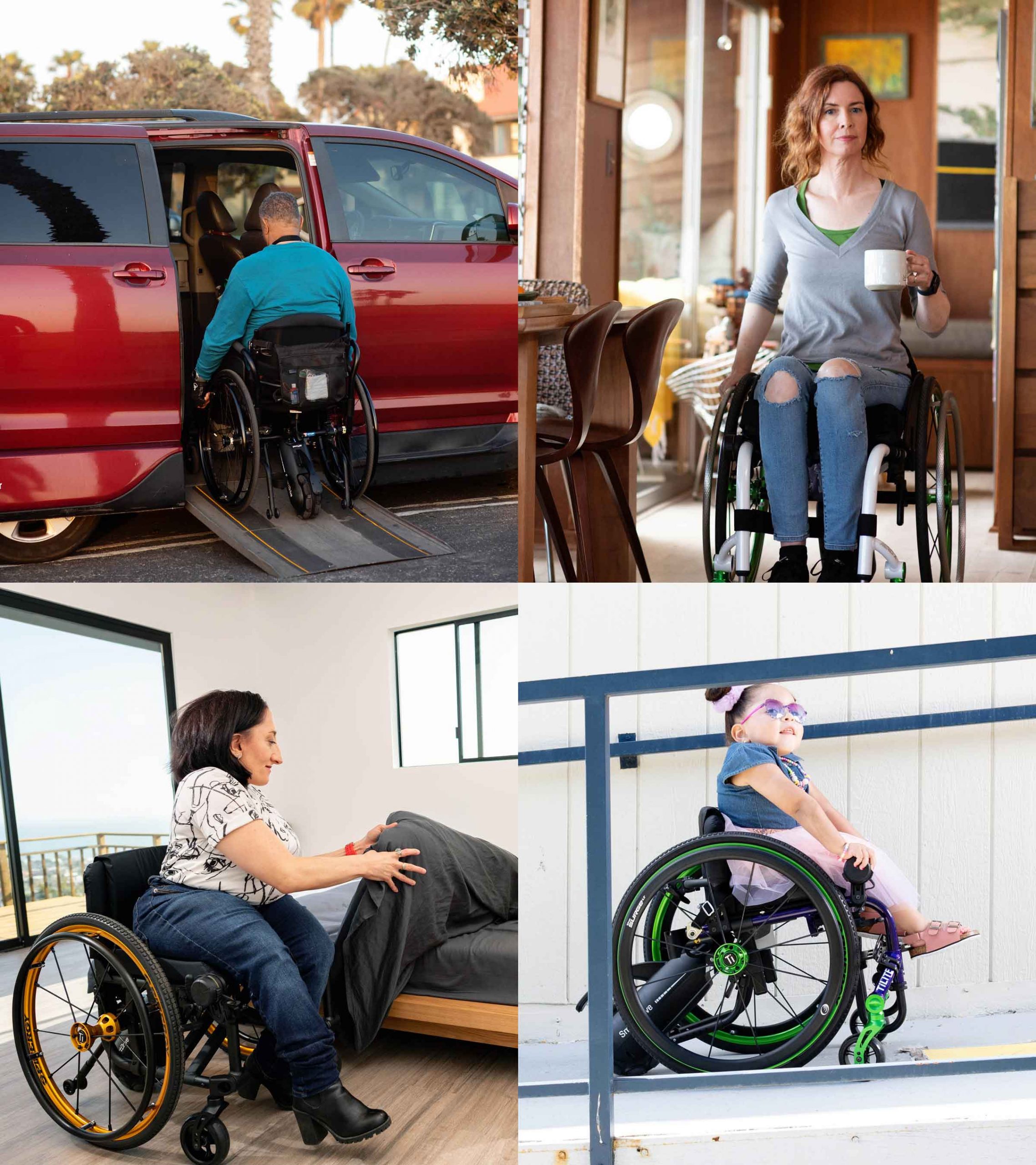 Multiple images of people utilizing their Permobil Speed Control Dial - Wired speed control for Permobil SmartDrive power wheelchairs. Simple rotary dial allows intuitive start, stop, and speed adjustment.