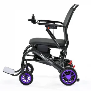 Side image of the purple Quickie Q50 R Carbon Power Wheelchair - Lightweight, compact, and maneuverable power wheelchair with carbon fiber frame for outdoor use and easy transportation.