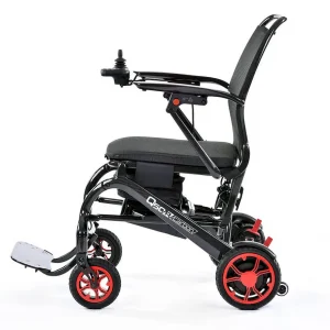 Side image of the red Quickie Q50 R Carbon Power Wheelchair - Lightweight, compact, and maneuverable power wheelchair with carbon fiber frame for outdoor use and easy transportation.