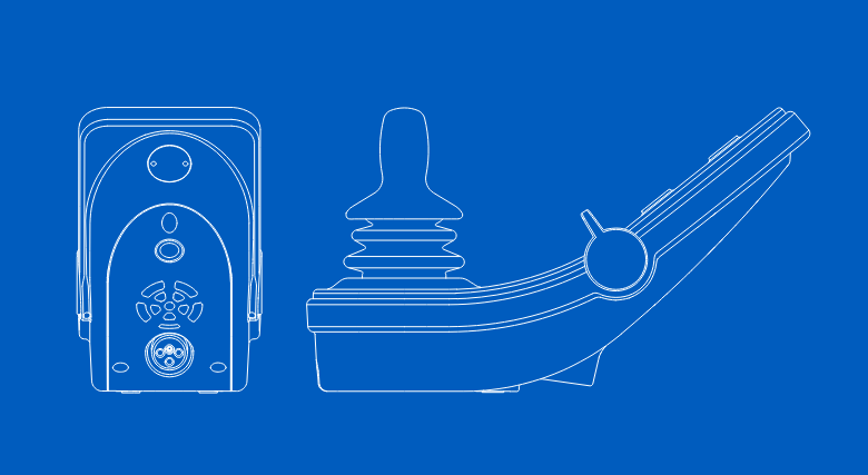 Graphic blueprint of the futuristic R-net Color Joystick retractable twist. Offers on the go adjustments for maximum comfort.