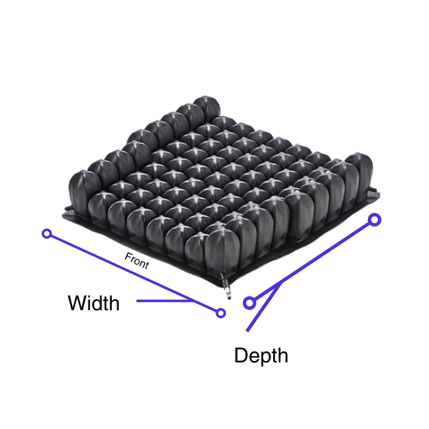 Width and depth of the ROHO® Hybrid Elite® Dual Compartment Wheelchair Cushion - Combines air cells and contoured foam for pressure redistribution and personalized comfort. Features two independently adjustable air compartments for targeted pressure relief in the pelvic area.