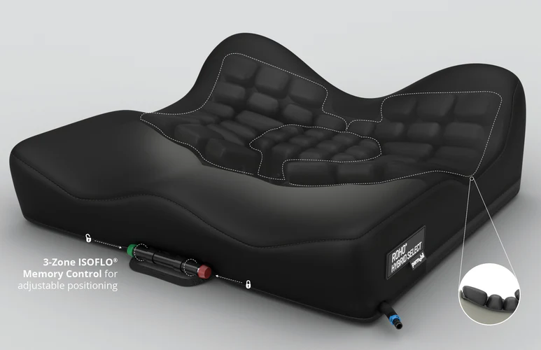 Infographic of the ROHO® Hybrid Select Wheelchair Cushion - Combines air cells and contoured foam for pressure redistribution and personalized comfort, featuring removable air insert for offloading.