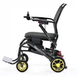 Side image of the yellow Quickie Q50 R Carbon Power Wheelchair - Lightweight, compact, and maneuverable power wheelchair with carbon fiber frame for outdoor use and easy transportation.