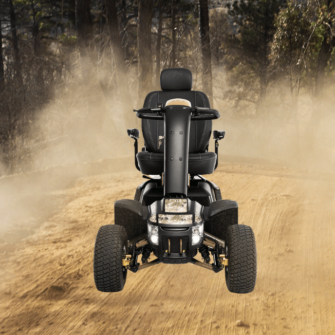 Front view of the woodlands Baja Wrangler 2 All-Terrain Wheelchair - Rugged, manual wheelchair designed for outdoor adventures, featuring knobby tires and a durable frame for navigating rough terrain.