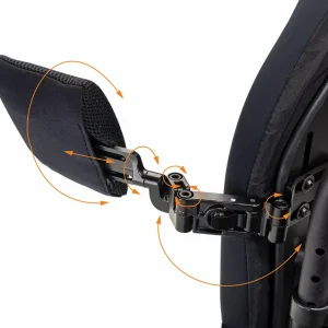 Image of the JAY Swing-Away Lateral Thoracic Support on wheelchair - Adjustable wheelchair backrest support for improved trunk stability and posture, featuring removable and repositionable pads for customized fit.