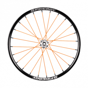 Front image of the orange Spinergy XSL - SPOX Sport Wheelchair Wheel - Lightweight, high-performance wheelchair wheel featuring a cross-laced spoke pattern for enhanced rigidity and responsiveness.