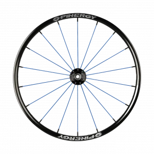 Front view image of the blue Spinergy SPOX Wheelchair Wheel - Lightweight, durable wheelchair wheel featuring a classic design with PBO spokes for efficient propulsion and smooth performance.