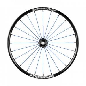 Front image of the blue Spinergy Spox Sport SL Wheelchair Wheel - Lightweight, high-performance wheelchair wheel featuring 24 PBO fiber spokes for durability, quick acceleration, and a smoother ride.