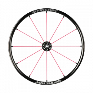 Front view of the pink Spinergy Lite Extreme LX Wheelchair Wheel - Lightweight, high-performance wheelchair wheel featuring a unique 12-spoke design for increased maneuverability and style.