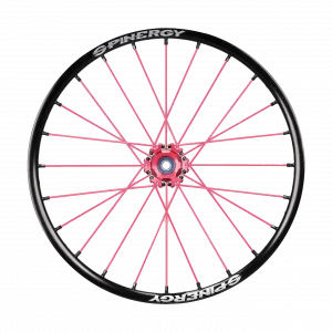 Image of the pink Spinergy XSLX R10 Wheelchair Wheel - High-performance, lightweight wheelchair wheel featuring a durable X-laced spoke pattern and reinforced axle for increased strength and durability.