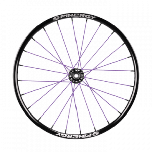 Front image of the purple Spinergy XSL - SPOX Sport Wheelchair Wheel - Lightweight, high-performance wheelchair wheel featuring a cross-laced spoke pattern for enhanced rigidity and responsiveness.