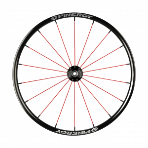 Front view image of the red Spinergy SPOX Wheelchair Wheel - Lightweight, durable wheelchair wheel featuring a classic design with PBO spokes for efficient propulsion and smooth performance.