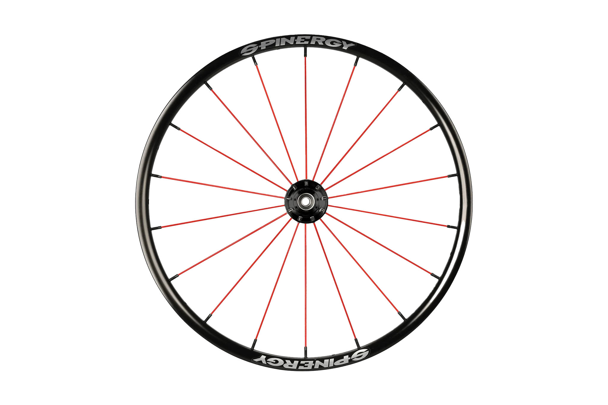 Front view image of the red Spinergy SPOX Wheelchair Wheel - Lightweight, durable wheelchair wheel featuring a classic design with PBO spokes for efficient propulsion and smooth performance.