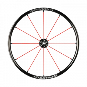 Front view of the red Spinergy Lite Extreme LX Wheelchair Wheel - Lightweight, high-performance wheelchair wheel featuring a unique 12-spoke design for increased maneuverability and style.