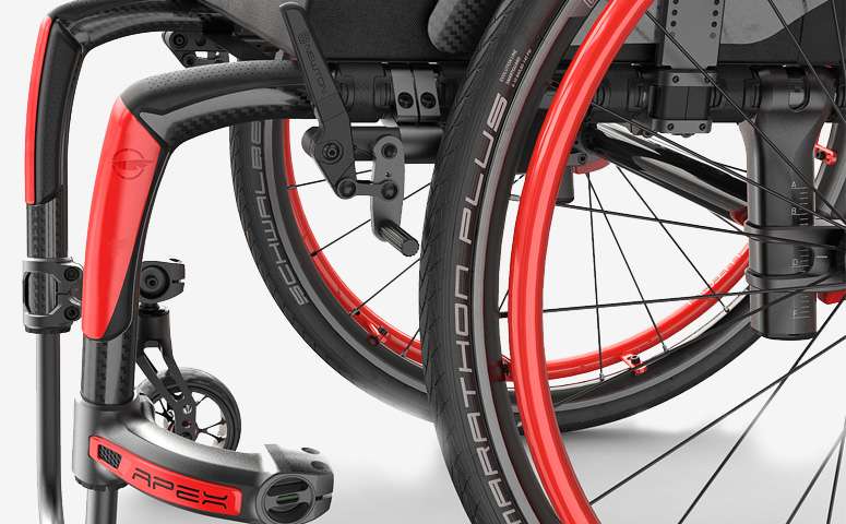 Close up image of the Motion Composite Apex Folding Frames - Lightweight and durable folding wheelchair frames made from composite materials, designed for easy transportation and storage.