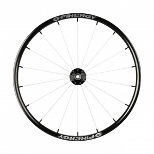 Front view image of the white Spinergy SPOX Wheelchair Wheel - Lightweight, durable wheelchair wheel featuring a classic design with PBO spokes for efficient propulsion and smooth performance.