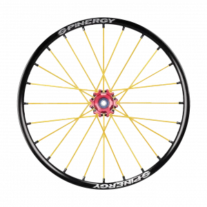 Image of the yellow Spinergy XSLX R10 Wheelchair Wheel - High-performance, lightweight wheelchair wheel featuring a durable X-laced spoke pattern and reinforced axle for increased strength and durability.