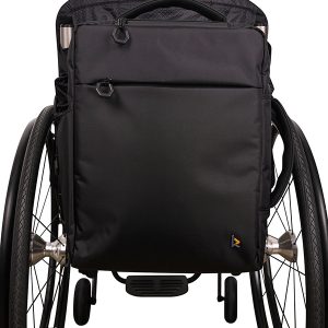 Front view of the black Kinetic Balance Backrest Commuter Backpack - Securely attaches to the backrest of a wheelchair, offering comfortable carrying and organized storage for everyday essentials during commutes or outings.