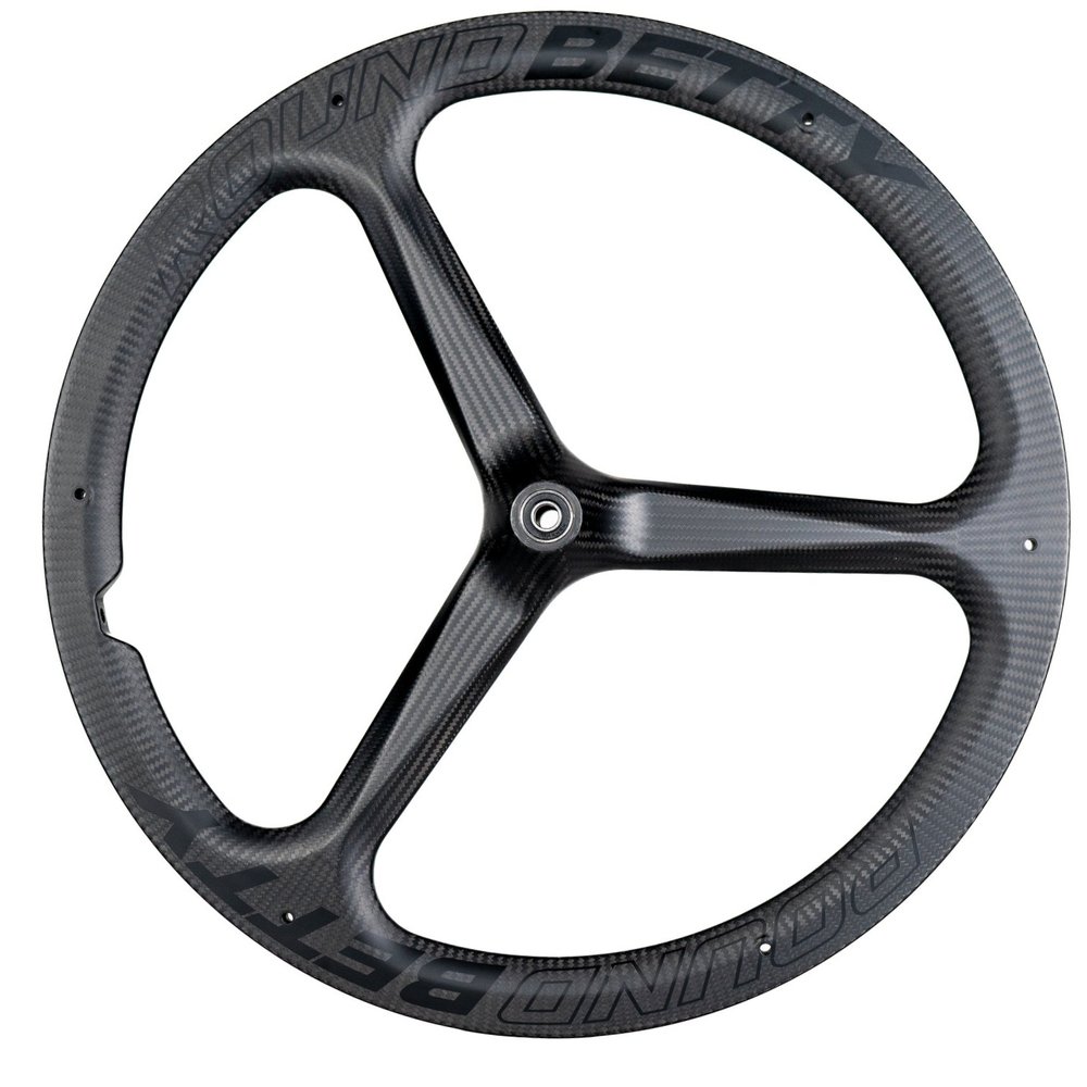 Frontal image of Round Betty Carbon Spoke Wheel - Lightweight and high-performance wheelchair wheel featuring a carbon fiber rim and spokes for increased responsiveness and easier pushing.