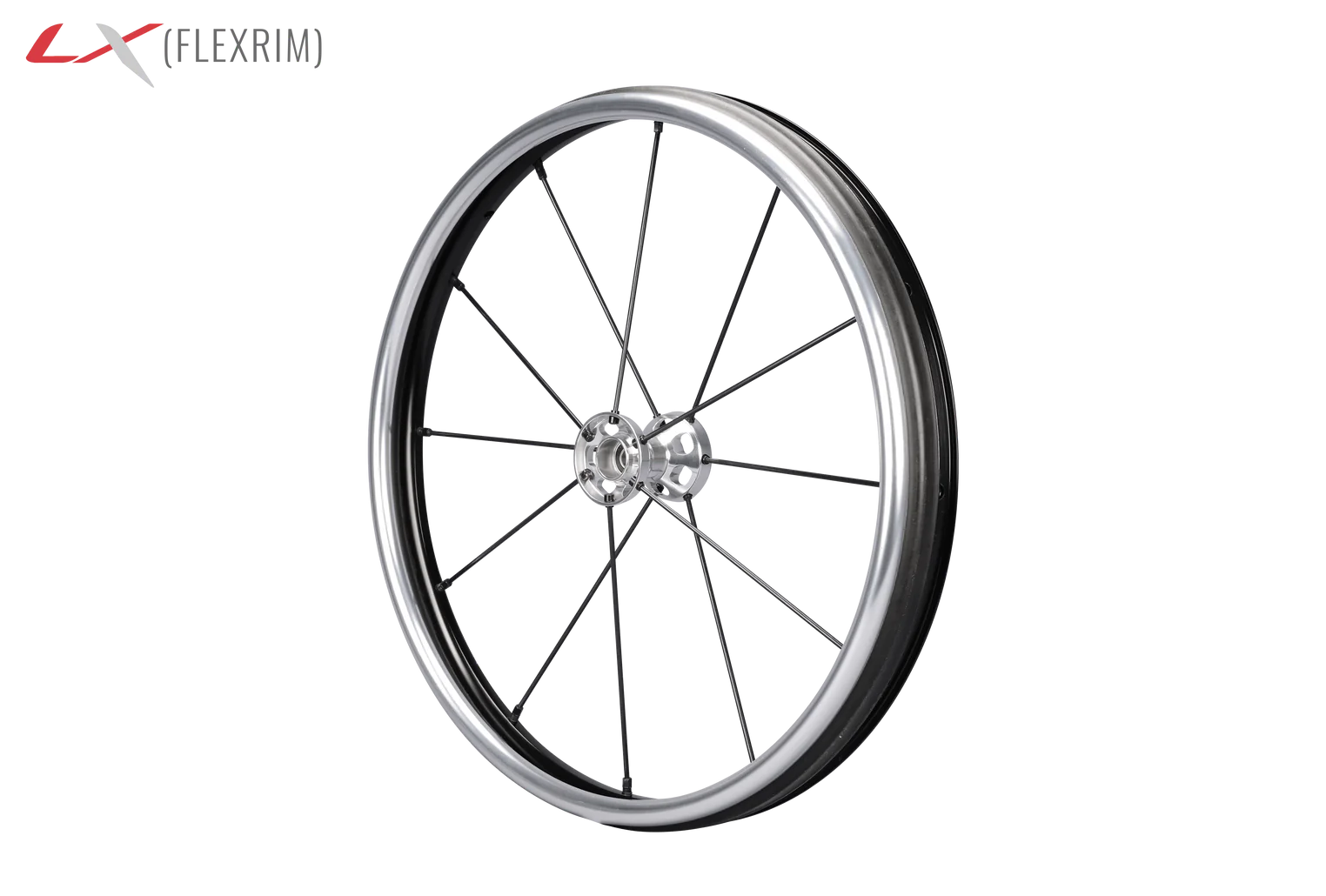 Side view of the Spinergy LX Flexrim Wheelchair Wheel - Lightweight, customizable wheelchair wheel with a urethane pushrim for easier propulsion and a flex design for navigating tight spaces.