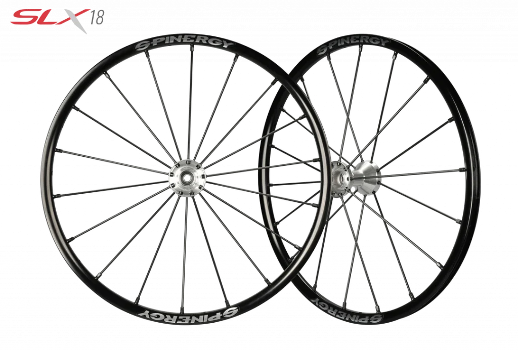 Frontal view of the Spinergy SLX 18 Wheelchair Wheel - Lightweight, high-performance wheelchair wheel featuring an 18-spoke design for increased durability and stability.