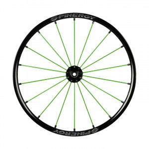 Frontal image of the green Spinergy SLX 507 Wheelchair Wheel - High-performance, lightweight wheelchair wheel featuring a 7-spoke design for optimal rigidity and responsiveness.