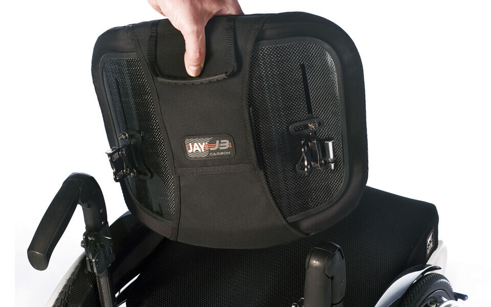 Back view of the Jay J3 Carbon Fiber Backrest on wheelchair - Lightweight, adjustable wheelchair backrest with a carbon fiber shell for optimal support, posture, and comfort.