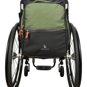 Front view of the green Kinetic Balance Backrest Bag on wheelchair - Securely attaches to the back of a wheelchair backrest, providing convenient storage for essential items during outings.