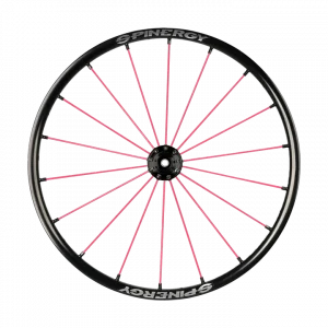 Frontal view of the pink Spinergy SLX 18 Wheelchair Wheel - Lightweight, high-performance wheelchair wheel featuring an 18-spoke design for increased durability and stability.