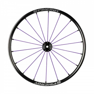 Frontal view of the purple Spinergy SLX 18 Wheelchair Wheel - Lightweight, high-performance wheelchair wheel featuring an 18-spoke design for increased durability and stability.