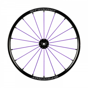 Frontal image of the purple Spinergy SLX 507 Wheelchair Wheel - High-performance, lightweight wheelchair wheel featuring a 7-spoke design for optimal rigidity and responsiveness.