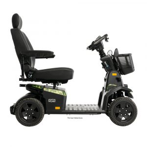 Side view of the camo Pride Mobility PX4 Power Scooter - High-weight capacity, all-terrain electric scooter for outdoor adventures.