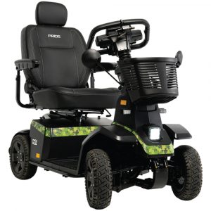 Front left view of the forest camo Pride Mobility PX4 Power Scooter - High-weight capacity, all-terrain electric scooter for outdoor adventures.