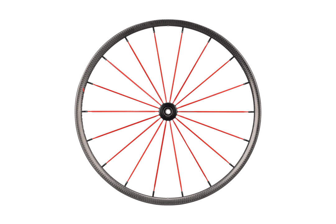 Front image of the red Spinergy CLX Wheelchair Wheel - Lightweight, high-performance wheelchair wheel featuring a bladed spoke design for enhanced stiffness and responsiveness.