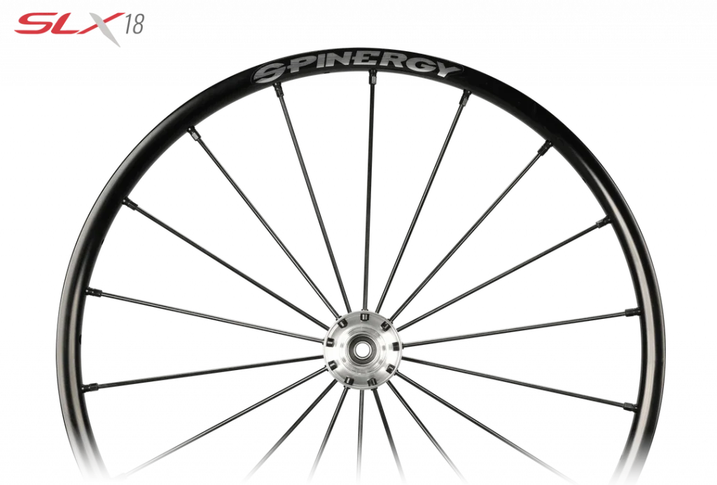 Close up view of the Spinergy SLX 18 Wheelchair Wheel - Lightweight, high-performance wheelchair wheel featuring an 18-spoke design for increased durability and stability.